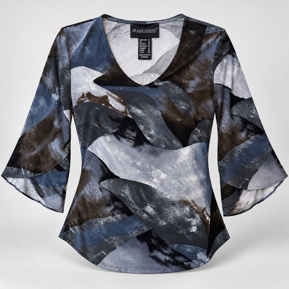 Frank Lyman Design Top Womens 12 Abstract Bell Sleeve V Neck Made Canada 194398